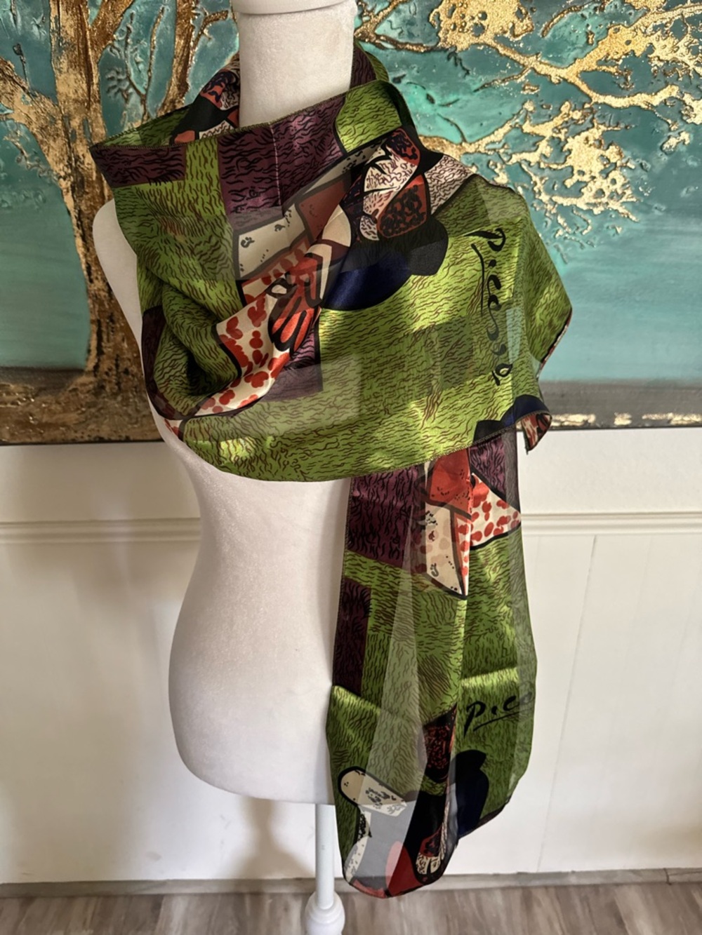 Bijoux Terner silk Green Picasso inspired Multicolor Patterned Scarf